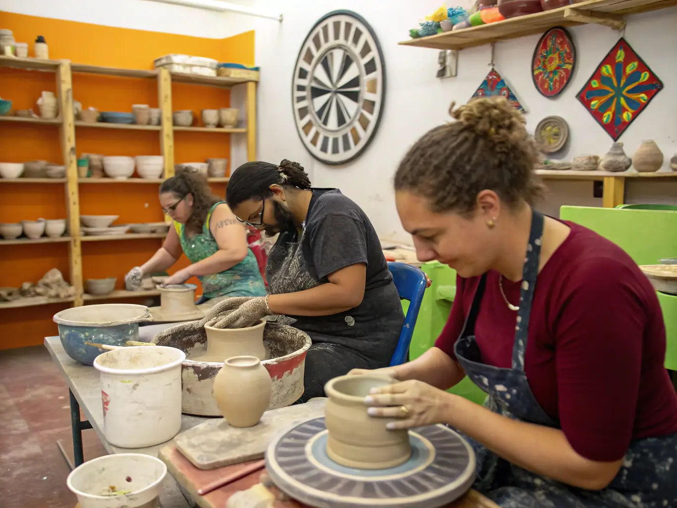A photo of participants actively engaged in a Heritage Workshop Series, learning traditional pottery techniques from a local artisan.