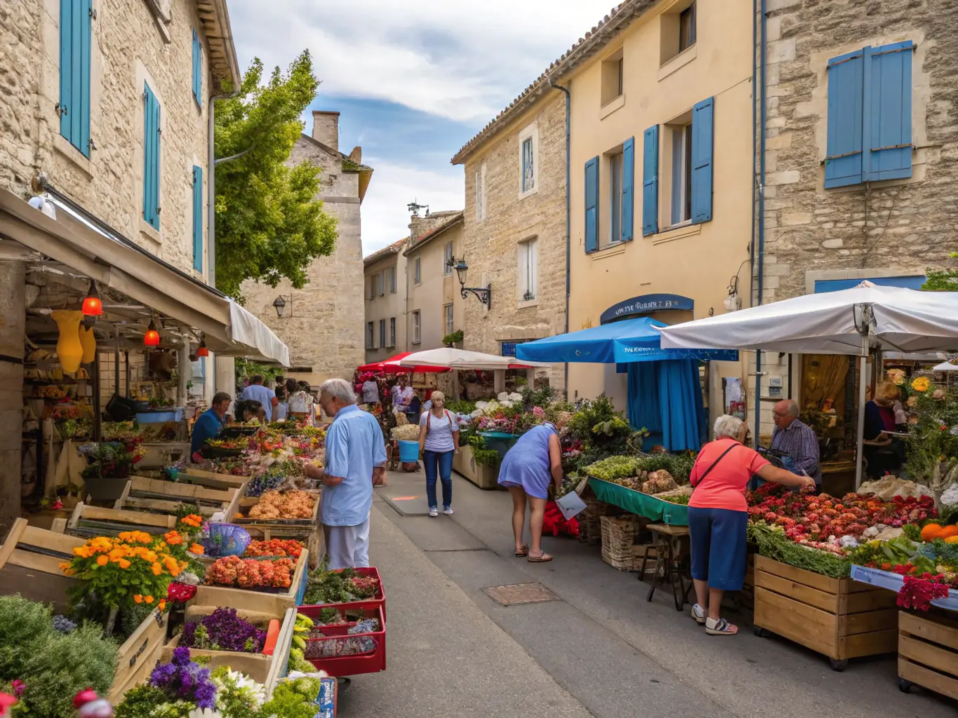 A photograph depicting the Valensole Traditional Market Exhibition, featuring local produce, crafts, and artisans showcasing their skills.