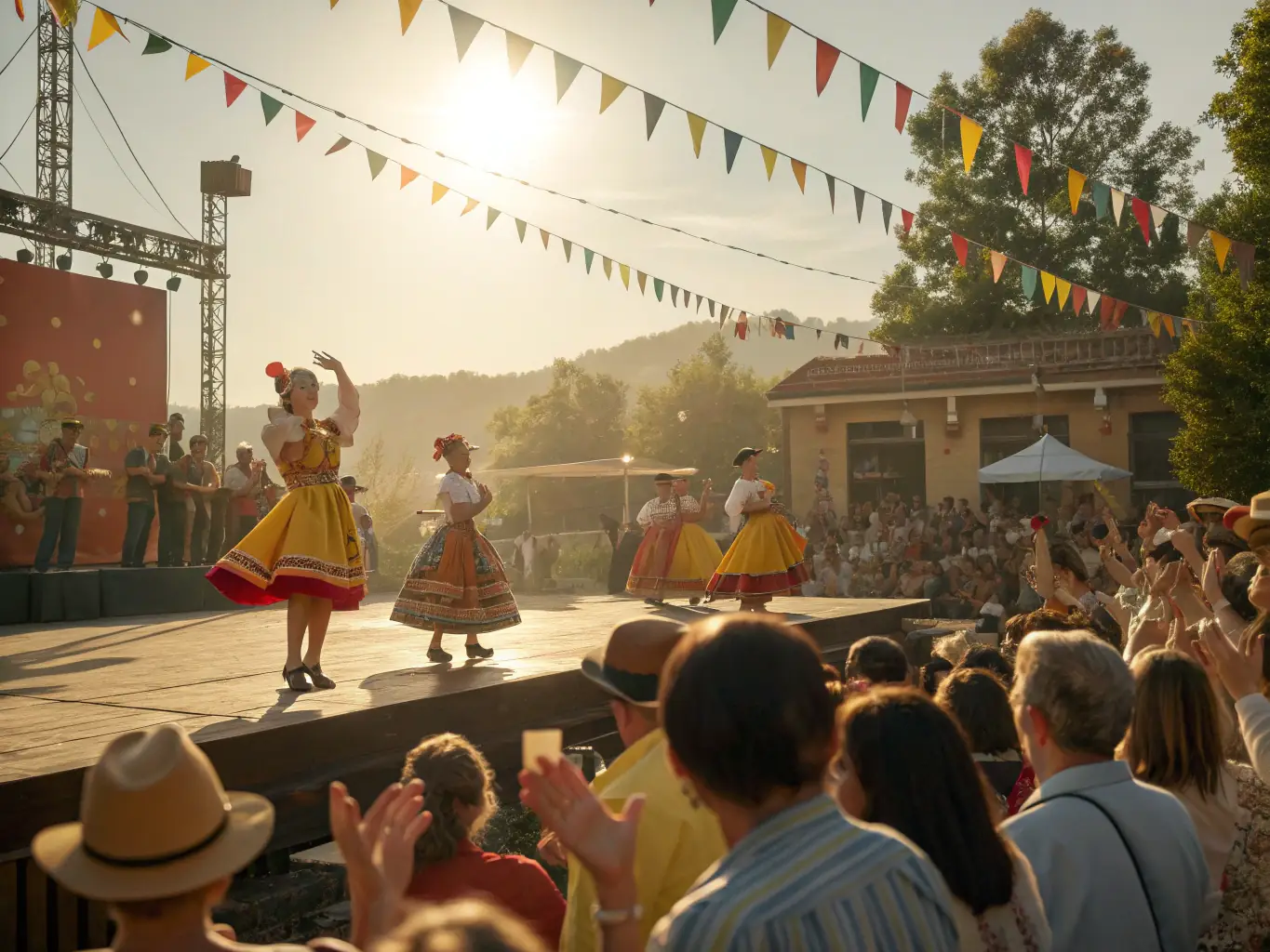 A lively scene from the Valensole Cultural Festival, featuring traditional music, dance, and local food stalls, capturing the essence of the community celebration.